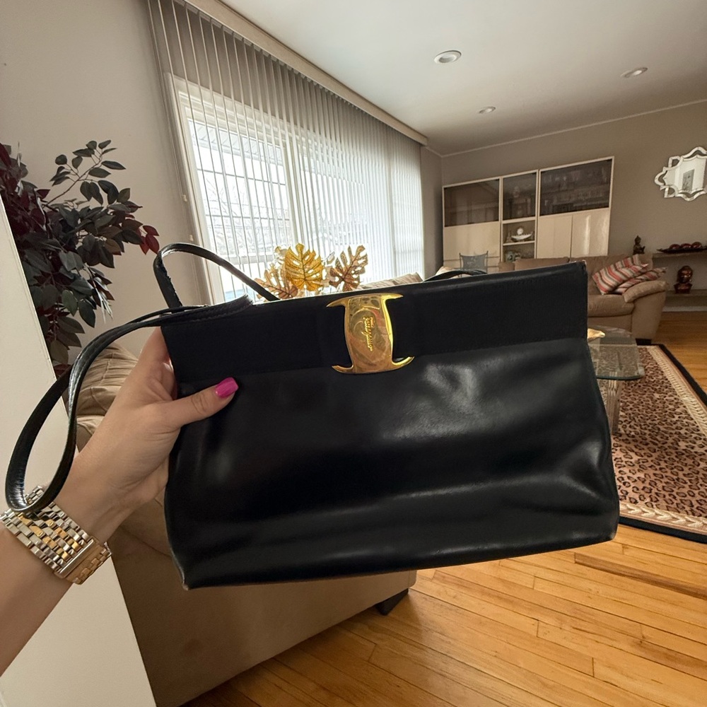 Authentic Ferragamo Black Leather crossbody Handbag